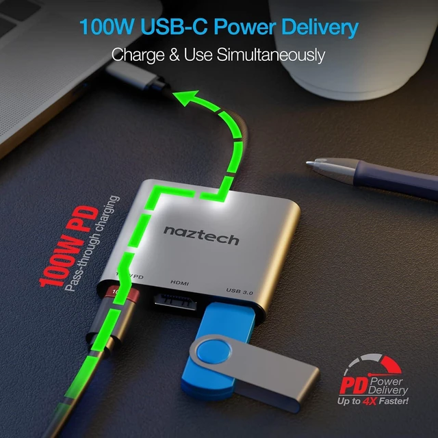 Alt view image 3 of 7 - Naztech 3-in-1 USB-C Hub Multiport Adapter, 5Gbps USB Hub for Laptop - 100W Power Delivery Charging Port, 4K Ultra HD HDMI - USB-C Dock, Dongle Adapter USB C to HDMI for MacBook, iPad Pro and More