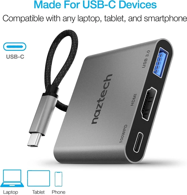 Alt view image 7 of 7 - Naztech 3-in-1 USB-C Hub Multiport Adapter, 5Gbps USB Hub for Laptop - 100W Power Delivery Charging Port, 4K Ultra HD HDMI - USB-C Dock, Dongle Adapter USB C to HDMI for MacBook, iPad Pro and More