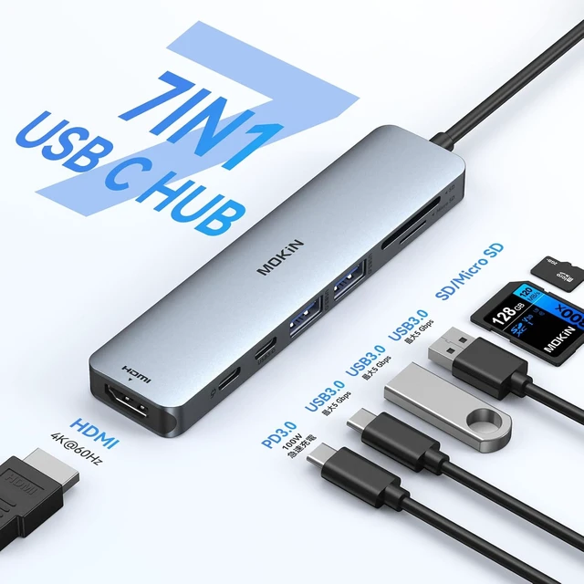 Alt view image 2 of 7 - 7-Port USB C Hub 3.0 USB Splitter Compatible with Dell,Asus,HP,MacBook Air,Surface Pro,Acer