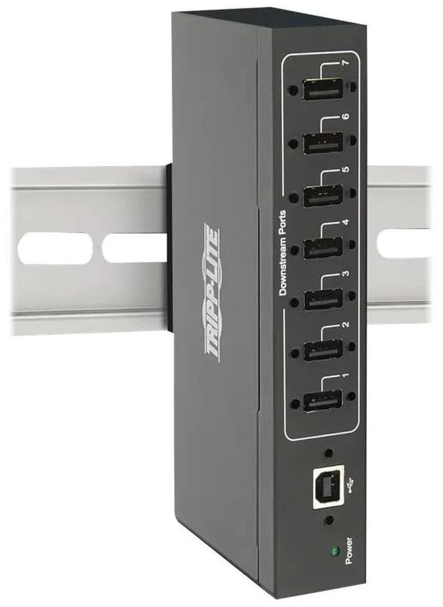 Main image of Tripp Lite by Eaton U223-007-IND-1 Industrial USB 2.0 Hub, 7-Port Metal, 15kV ESD Immunity, DIN/Wall Mount, USB-B to 7 USB-A, Plug & Play, Cloud Care Pre-Configured Bundle Eligible (1 Pack)