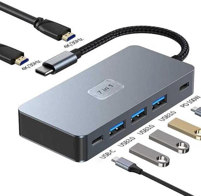 Alt view image 2 of 7 - 2 Port HDMI TV Adapter 7-in-1 USB C Hub Type-C PD Charger Compatible with Samsung Galaxy S25 Edge, Audio Video Projector Converter