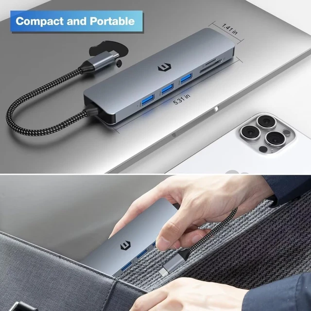 Alt view image 2 of 6 - USB C Hub HDMI, 6-in-1 Multiport Adapter, 4K HDMI Adapter, 3 USB Port, SD/TF Card Reader, Ultra Slim USB Multiport LAN Compatible with Dell XPS 15/13