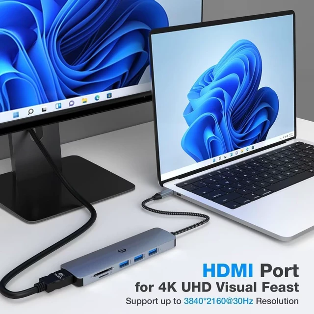 Alt view image 6 of 6 - USB C Hub HDMI, 6-in-1 Multiport Adapter, 4K HDMI Adapter, 3 USB Port, SD/TF Card Reader, Ultra Slim USB Multiport LAN Compatible with Dell XPS 15/13