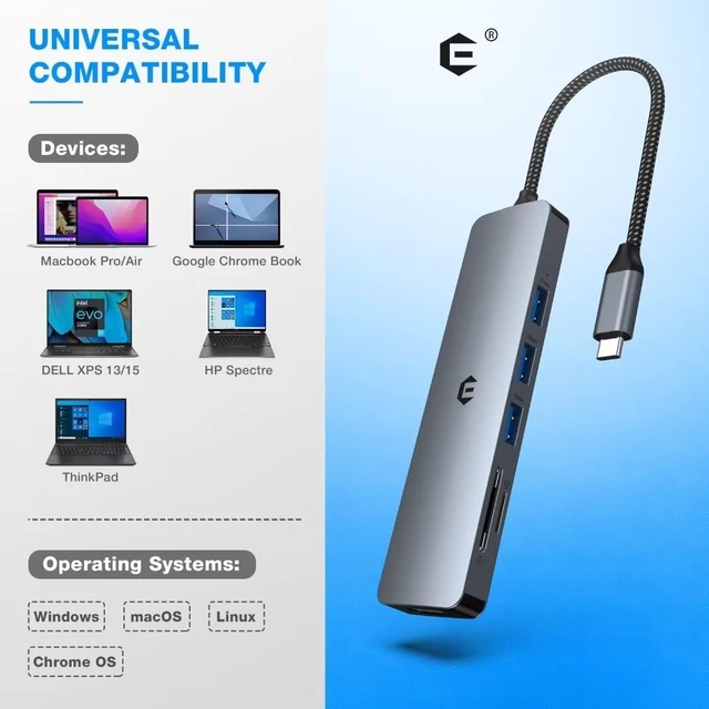 Alt view image 4 of 6 - USB C Hub HDMI, 6-in-1 Multiport Adapter, 4K HDMI Adapter, 3 USB Port, SD/TF Card Reader, Ultra Slim USB Multiport LAN Compatible with Dell XPS 15/13