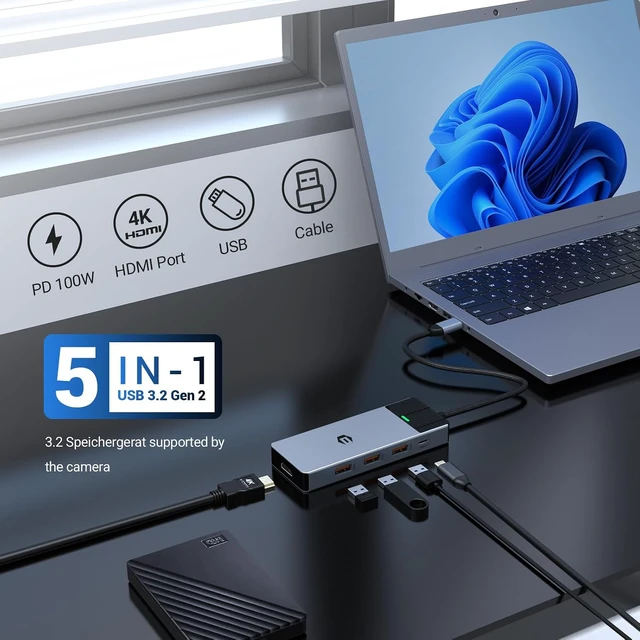 Alt view image 2 of 6 - BIGBIG WON USB C Splitter, 5-in-1 USB C Hub HDMI with 4K @ 60Hz, 3 x 10Gbps USB 3.2 Gen 2, 100W PD, USB C Hub for Surface, Dell, HP, Lenovo and More Type C Devices