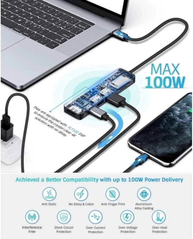 Alt view image 4 of 7 - PD Port 7-in-1 USB C to 4K HDMI Adapter Compatible with Samsung Galaxy S22 Ultra Plus - HDTV Adapter Charger Port MicroSD Slot TV Video Hub Type-C