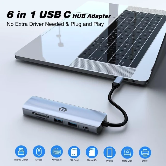 Alt view image 2 of 7 - USB C Hub, USB 3.0, PD 100W, USB C Splitter with MacBook Pro/Air, Thinkpad, Laptop and More Type C Devices, 6 in 1 Multiport Adapter USB C Avec Affichage 4K HDMI