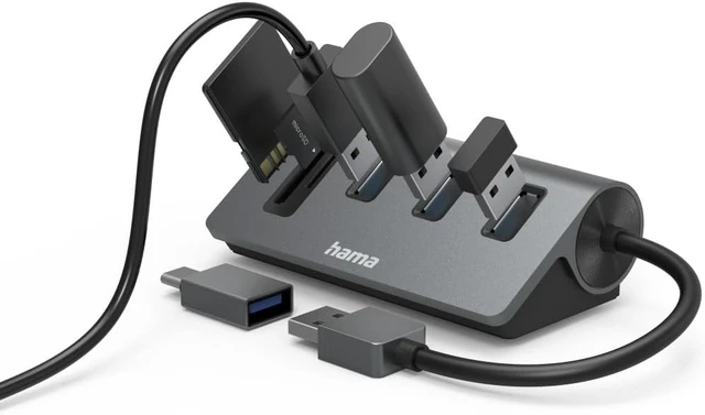 Alt view image 7 of 7 - Hama USB Hub/Reader Cards, 5 Ports, 3X USB-A, SD, microSD, with Adapter. USB-A, 10 Year Warranty, Grey