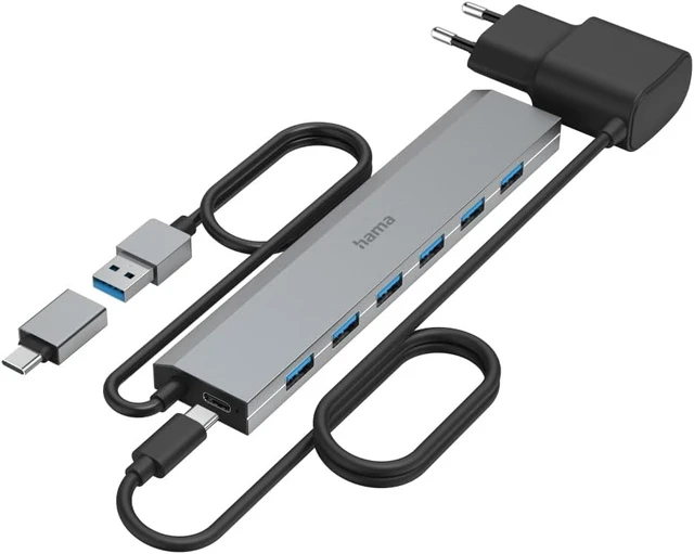 Alt view image 4 of 7 - Hama USB Hub 7 Ports USB-A and USB-C Port with Power Supply, 7x USB-A for Mouse, Keyboard, External Hard Drive, USB Flash Drive, etc., Aluminum Case, USB Adapter for Office, Home Office
