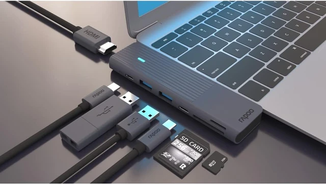 Alt view image 5 of 5 - Rapoo UCM-2003 USB-C Multiport Adapter for MacBook, Compatible with USB-C Multifunctional Port, 100W Power Delievery, 4K HDMI, USB-C, 2 USB-A 3.0 Data Ports, SD/microSD Memory Card Reader