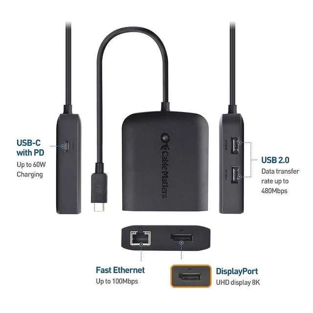 Alt view image 2 of 7 - Cable Matters USB C Multiport Adapter (USB C Hub with DisplayPort 8K), 2X USB 2.0, Fast Ethernet, and 60W Charging in Black - USB-C and Thunderbolt 3 Port Compatible with MacBook Pro and More & 4K Dis