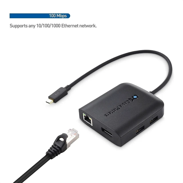 Alt view image 5 of 7 - Cable Matters USB C Multiport Adapter (USB C Hub with DisplayPort 8K), 2X USB 2.0, Fast Ethernet, and 60W Charging in Black - USB-C and Thunderbolt 3 Port Compatible with MacBook Pro and More & 4K Dis