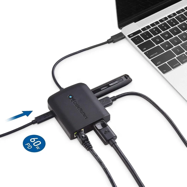 Alt view image 4 of 7 - Cable Matters USB C Multiport Adapter (USB C Hub with DisplayPort 8K), 2X USB 2.0, Fast Ethernet, and 60W Charging in Black - USB-C and Thunderbolt 3 Port Compatible with MacBook Pro and More & 4K Dis