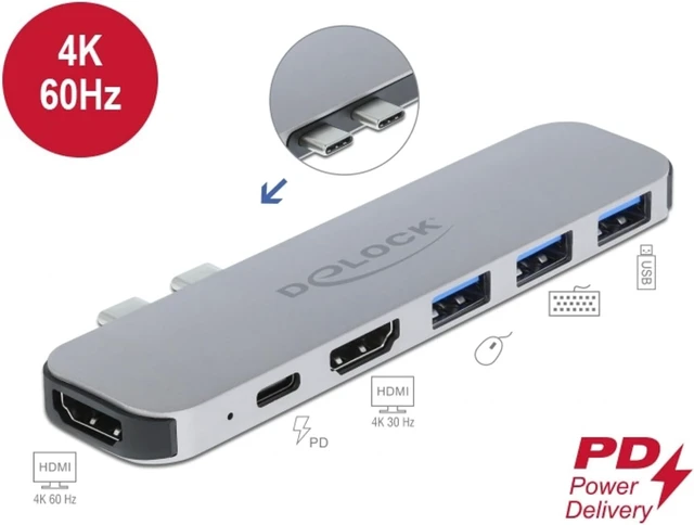 Alt view image 4 of 5 - Delock USB C HUB for MacBook, 6-in-1, USB-C Adapter, Thunderbolt 3 Mini Dock, 2 x HDMI 4K, 3X USB 3.0, USB-C PD 60 Watt, 87753