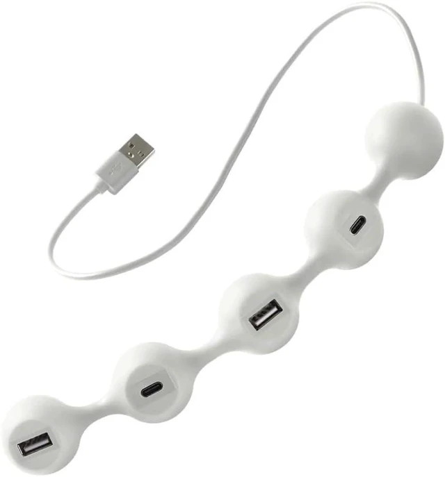 Main image of LEXON PEAS HUB 2 4-Outlet Hub with 2 USB and 2 USB-C to Charge 2 Smartphones Simultaneously Copper Inner Cable LD143W White