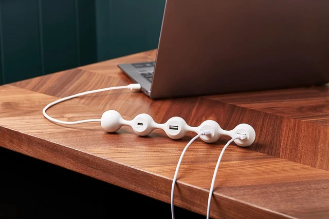 Alt view image 4 of 7 - LEXON PEAS HUB 2 4-Outlet Hub with 2 USB and 2 USB-C to Charge 2 Smartphones Simultaneously Copper Inner Cable LD143W White