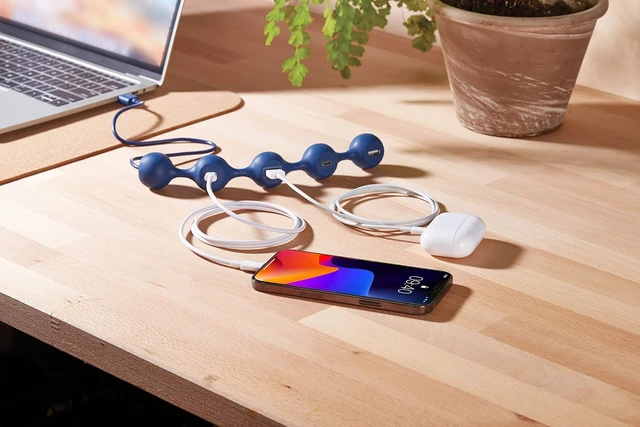 Alt view image 5 of 7 - LEXON PEAS HUB 2 4-Outlet Hub with 2 USB and 2 USB-C to Charge 2 Smartphones Simultaneously Copper Inner Cable LD143W White
