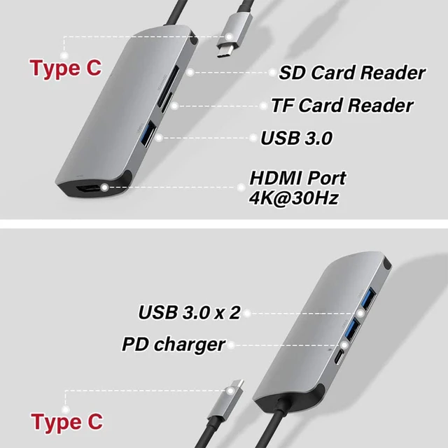 Alt view image 2 of 7 - USB C Hub Multiport Adapter 7 in 1 Portable Dongle with 4K HDMI, 3 USB 3.0 Ports, 100W PD Charger, TF/SD Card Reader, Type C Dock Compatible with MacBook Pro/Air, XPS and More C Port Laptops
