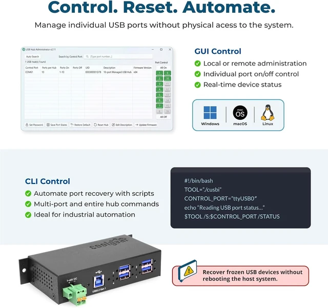 Alt view image 3 of 6 - Coolgear 4 Port Managed USB 3.2 Gen 1 Hub with 15KV ESD Surge Protection and Individual Port Control for PCs