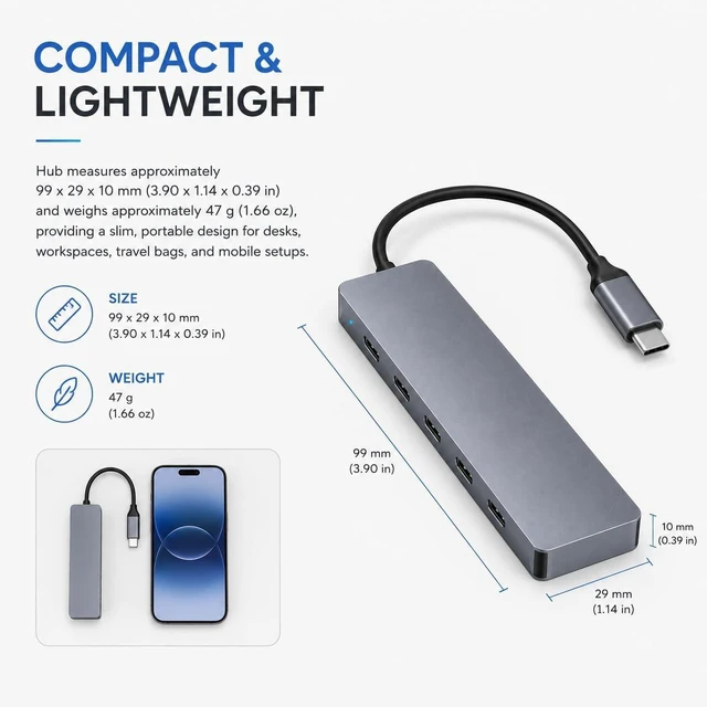 Alt view image 2 of 4 - Encased 5-in-1 USB-C Hub, 4-Port USB-C 3.2 Hub with 100W PD Charging, 10 Gbps