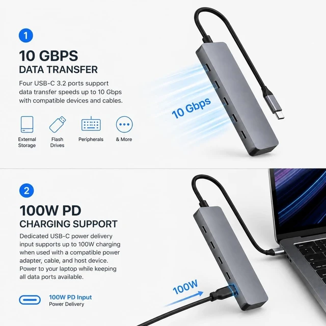 Alt view image 3 of 4 - Encased 5-in-1 USB-C Hub, 4-Port USB-C 3.2 Hub with 100W PD Charging, 10 Gbps