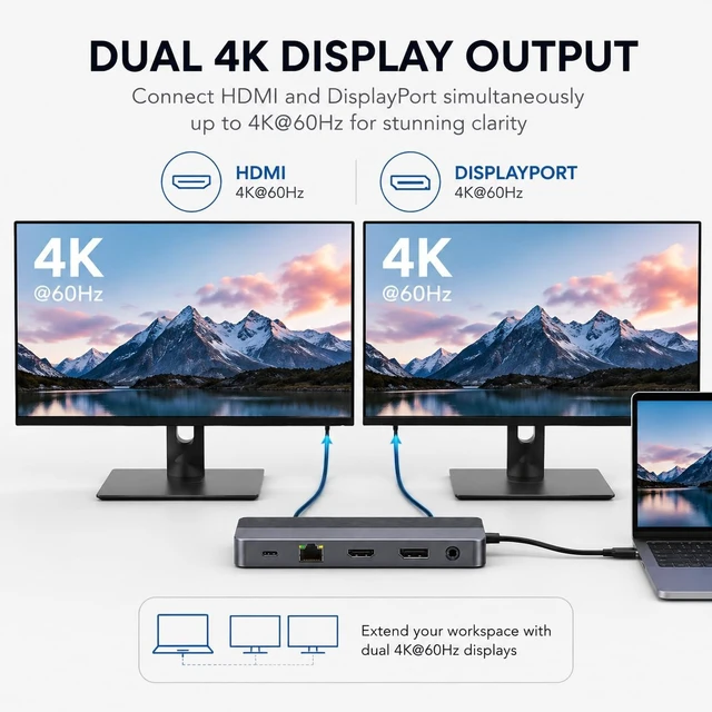 Alt view image 4 of 5 - Encased 10-in-1 USB-C Docking Station Dual 4K 60Hz, 100W PD, 10Gbps USB Ports, Ethernet, Card Reader (Space Gray)