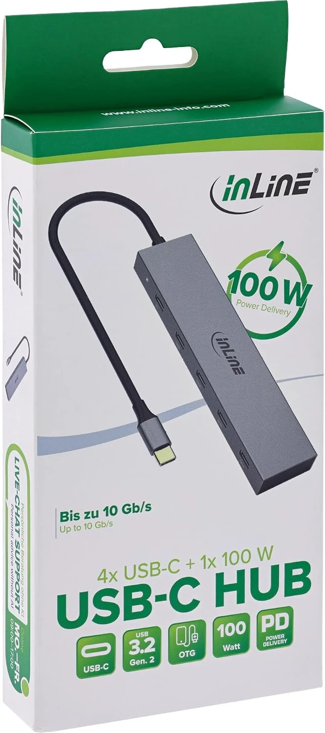 Alt view image 5 of 5 - Inline USB-C Hub, 4X USB-C + Power Delivery 100 W, USB 3.2 Gen.2, Aluminium, 10 Gb/s, for MacBook, Smartphone, Tablet, Windows, 35392E