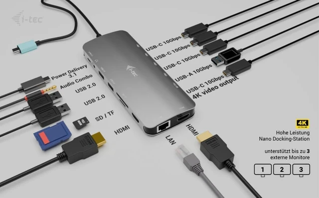 Alt view image 4 of 7 - i-tec USB-C 4K Metal Nano Dock - 2x HDMI, 4x USB-C (10Gbps), 1x USB-A (10Gbps), 2x USB-A 2.0, Audio, SD/TF, LAN 1 Gbps, PD 3.1 (140W)