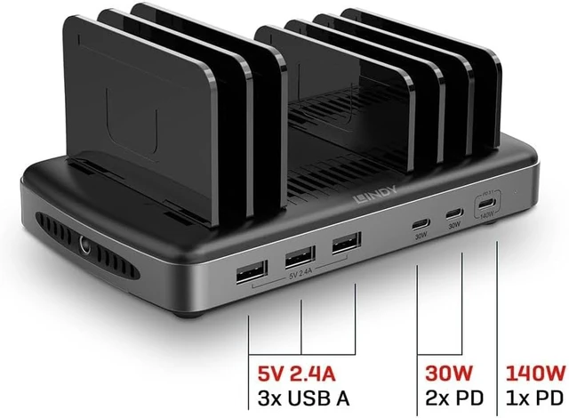 Alt view image 3 of 5 - Lindy 160W 6 Port USB Charging Station