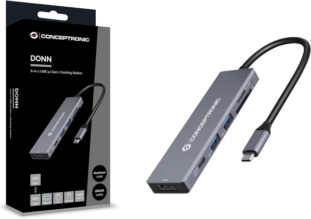Main image of CONCEPTRONIC DONN23G 6-in-1 USB 3.2 Gen 1 Docking Station, USB 3.0 x 2, 100W USB PD, 4K 60Hz HDMI, SD, TF/MicroSD