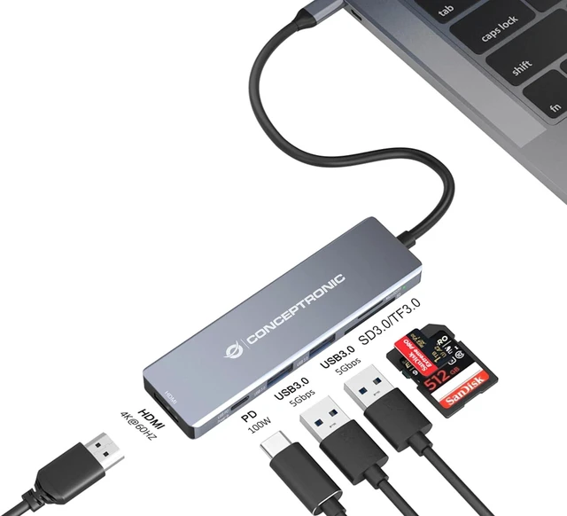 Alt view image 3 of 5 - CONCEPTRONIC DONN23G 6-in-1 USB 3.2 Gen 1 Docking Station, USB 3.0 x 2, 100W USB PD, 4K 60Hz HDMI, SD, TF/MicroSD