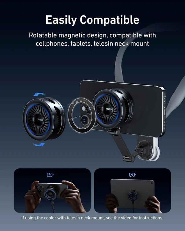 Alt view image 2 of 5 - TELESIN Magnetic Phone Cooler for Gaming and Live Streaming - Fits Neck Phone Mount - Phone Cooling Fan Portable Phones Radiator for MagSafe - Supports Wireless Charging for iPhone/Android