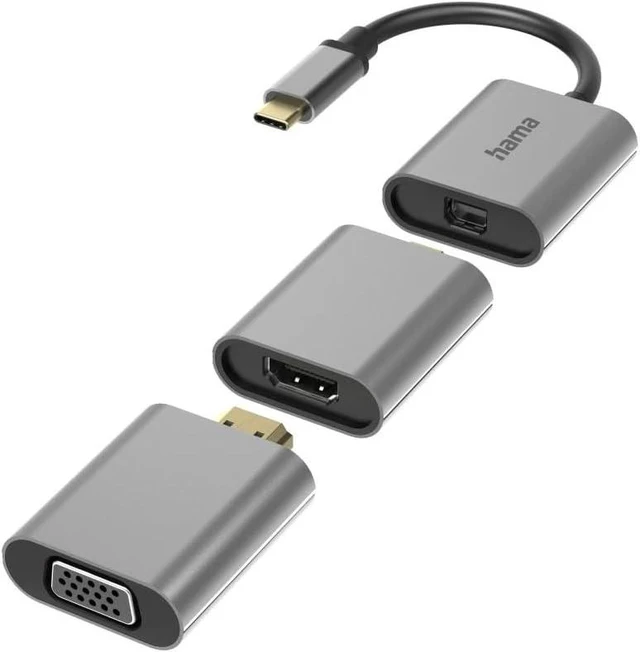 Main image of Hama Adapter Set, 6-in-1 Hub with USB-C (USB C Adapter with Mini DisplayPort, HDMI, VGA for PC, Notebook, Tablet, TV or Projector, Ultra HD Cinema Quality 4K, Compatible with Thunderbolt) Aluminium