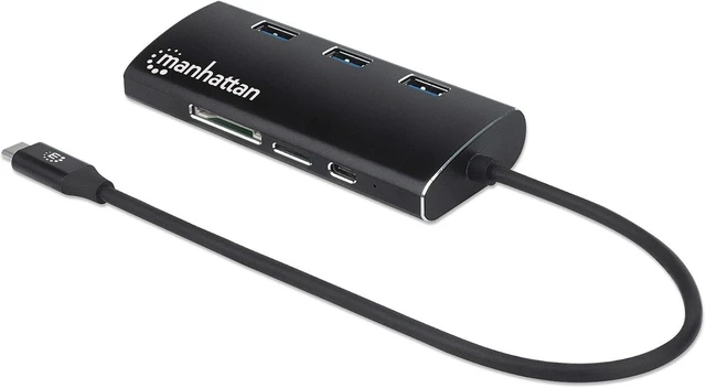 Main image of Manhattan USB-C Dock/Hub with Card Reader, Ports (x6): Ethernet, HDMI, USB-A (x3) and USB-C, with Power Delivery to USB-C Port (100W), Cable 30cm, Aluminium, Black, Three Year Warranty, Retail Box