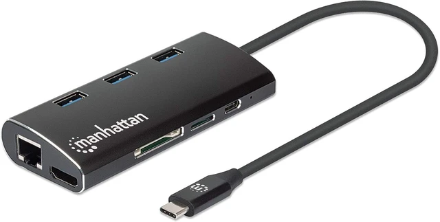 Alt view image 2 of 4 - Manhattan USB-C Dock/Hub with Card Reader, Ports (x6): Ethernet, HDMI, USB-A (x3) and USB-C, with Power Delivery to USB-C Port (100W), Cable 30cm, Aluminium, Black, Three Year Warranty, Retail Box