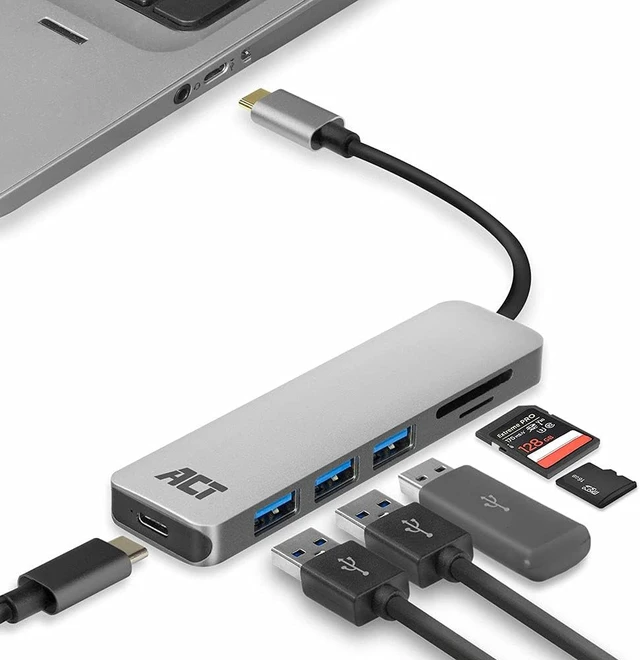 Alt view image 5 of 7 - ACT AC7050 USB C Hub 6 in 1, 3-Port USB 3.0, USB Type C 55W PD Power Supply, SD/TF Card Reader, with Premium Aluminum Casing