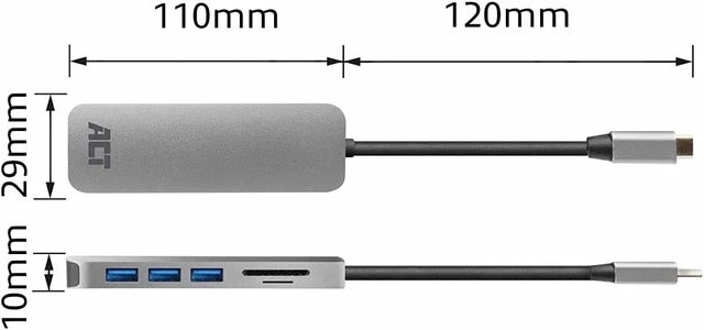 Alt view image 6 of 7 - ACT AC7050 USB C Hub 6 in 1, 3-Port USB 3.0, USB Type C 55W PD Power Supply, SD/TF Card Reader, with Premium Aluminum Casing