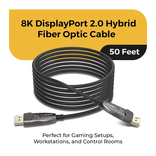 Alt view image 2 of 7 - OREI 8K DisplayPort 2.0 AOC Cable 50ft 54Gbps, 8K@120Hz, 4K@240Hz, VRR
