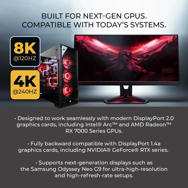 Alt view image 6 of 7 - OREI 8K DisplayPort 2.0 AOC Cable 50ft 54Gbps, 8K@120Hz, 4K@240Hz, VRR