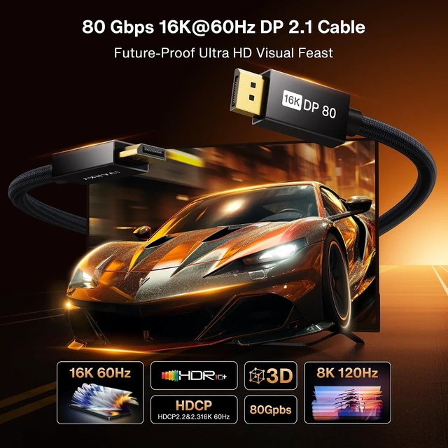 Alt view image 3 of 7 - IVANKY 80Gbps 16K DisplayPort 2.1 Cable 10FT, DP to DP Cable 2.1