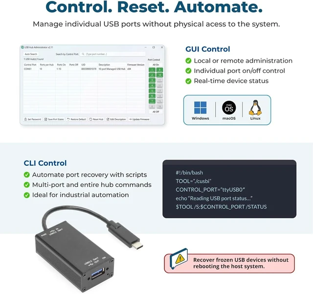 Alt view image 3 of 6 - Coolgear Single-Port Managed USB-C Adapter - Power Control, 5Gbps Data Transfer, and Surge Protection