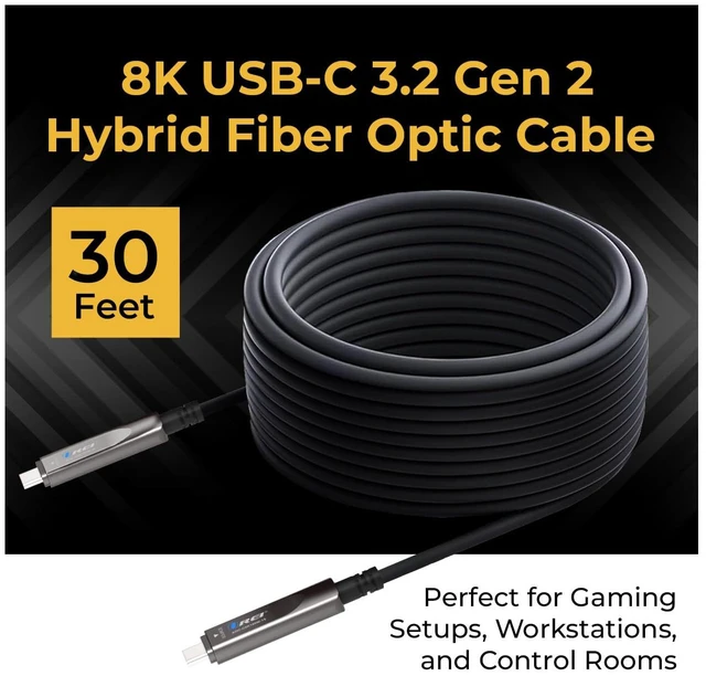 Alt view image 2 of 7 - OREI 8K USB-C 3.2 Fiber Optic Cable 30ft 10Gbps, 100W PD, DP Alt Mode