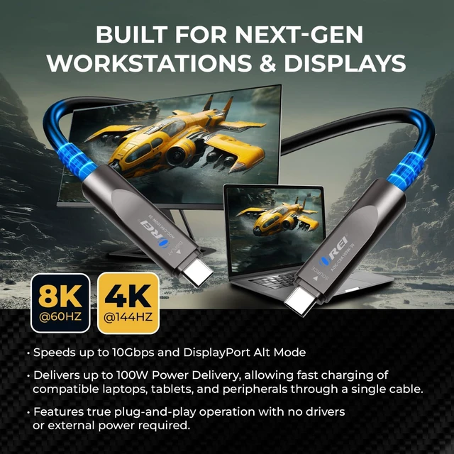 Alt view image 3 of 7 - OREI 8K USB-C 3.2 Fiber Optic Cable 30ft 10Gbps, 100W PD, DP Alt Mode