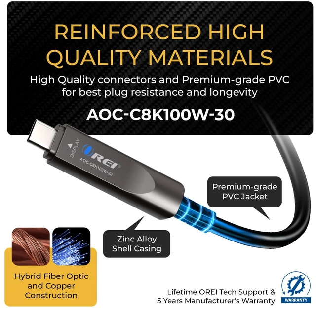 Alt view image 5 of 7 - OREI 8K USB-C 3.2 Fiber Optic Cable 30ft 10Gbps, 100W PD, DP Alt Mode