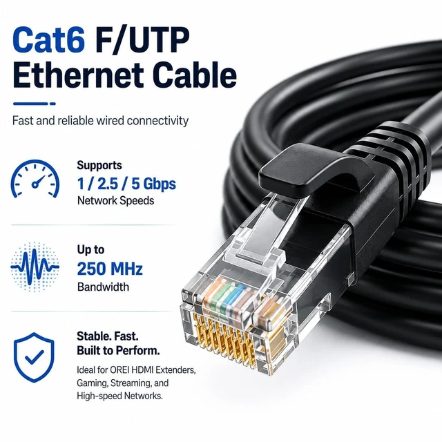 Alt view image 2 of 3 - OREI 200ft Cat6 FTP Ethernet Cable, RJ45, 5Gbps Shielded Network Cable