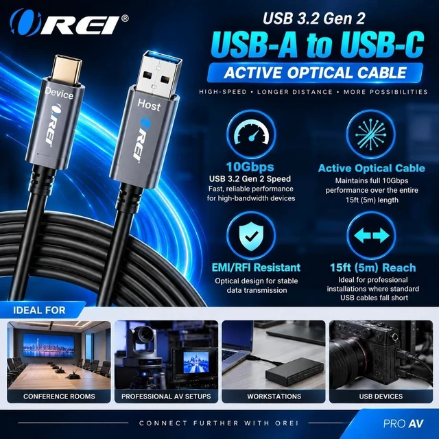 Alt view image 2 of 3 - OREI AOC USB 3.2 Gen2 USB-A to USB-C Active Optical Cable 10Gbps 50ft