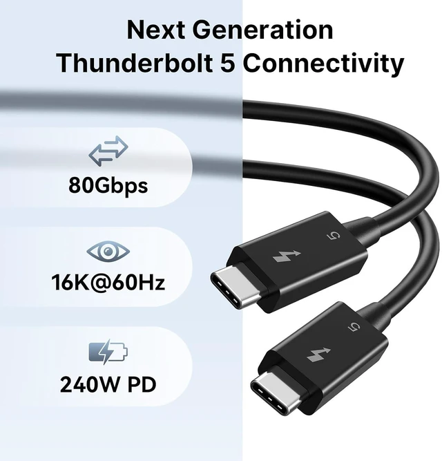 Alt view image 2 of 7 - Certified Thunderbolt 5 Cable 3.3ft/1m, 120Gbps Up to 80Gbps Bi-Directional, 240W PD3.1 Charging, 16K@60Hz DisplayPort2.1, Heavy-Duty DRPE USB-C Cable Compatible with Thunderbolt 4/3/USB4,