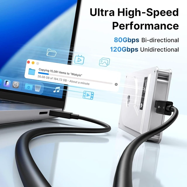 Alt view image 4 of 7 - Certified Thunderbolt 5 Cable 3.3ft/1m, 120Gbps Up to 80Gbps Bi-Directional, 240W PD3.1 Charging, 16K@60Hz DisplayPort2.1, Heavy-Duty DRPE USB-C Cable Compatible with Thunderbolt 4/3/USB4,