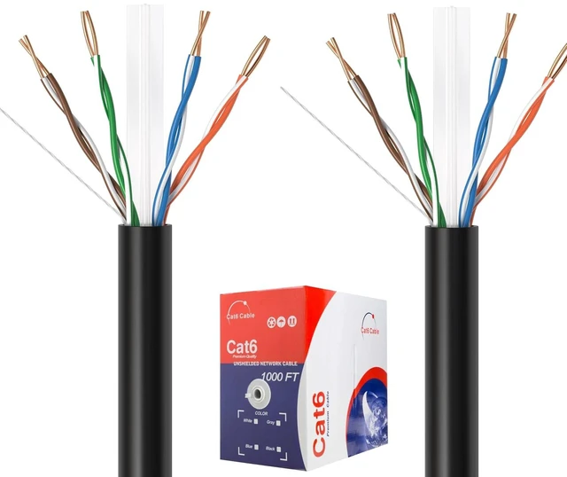 Main image of SATMAXIMUM CAT6 Cable 500ft or 1000ft Pull Box Solid Ethernet LAN UTP Cable 23AWG 550Mhz RJ45 Network CCA Copper Clad Aluminum Wire Bulk (2, Black, 1000FT)