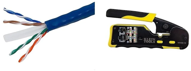 Main image of Monoprice Cat6 Ethernet Bulk Cable, 550Mhz, 10G, UTP, 24AWG, 250 Feet, Blue & Klein Tools VDV226-110 Ratcheting Modular Data Cable Crimper/Wire Stripper/Cutter